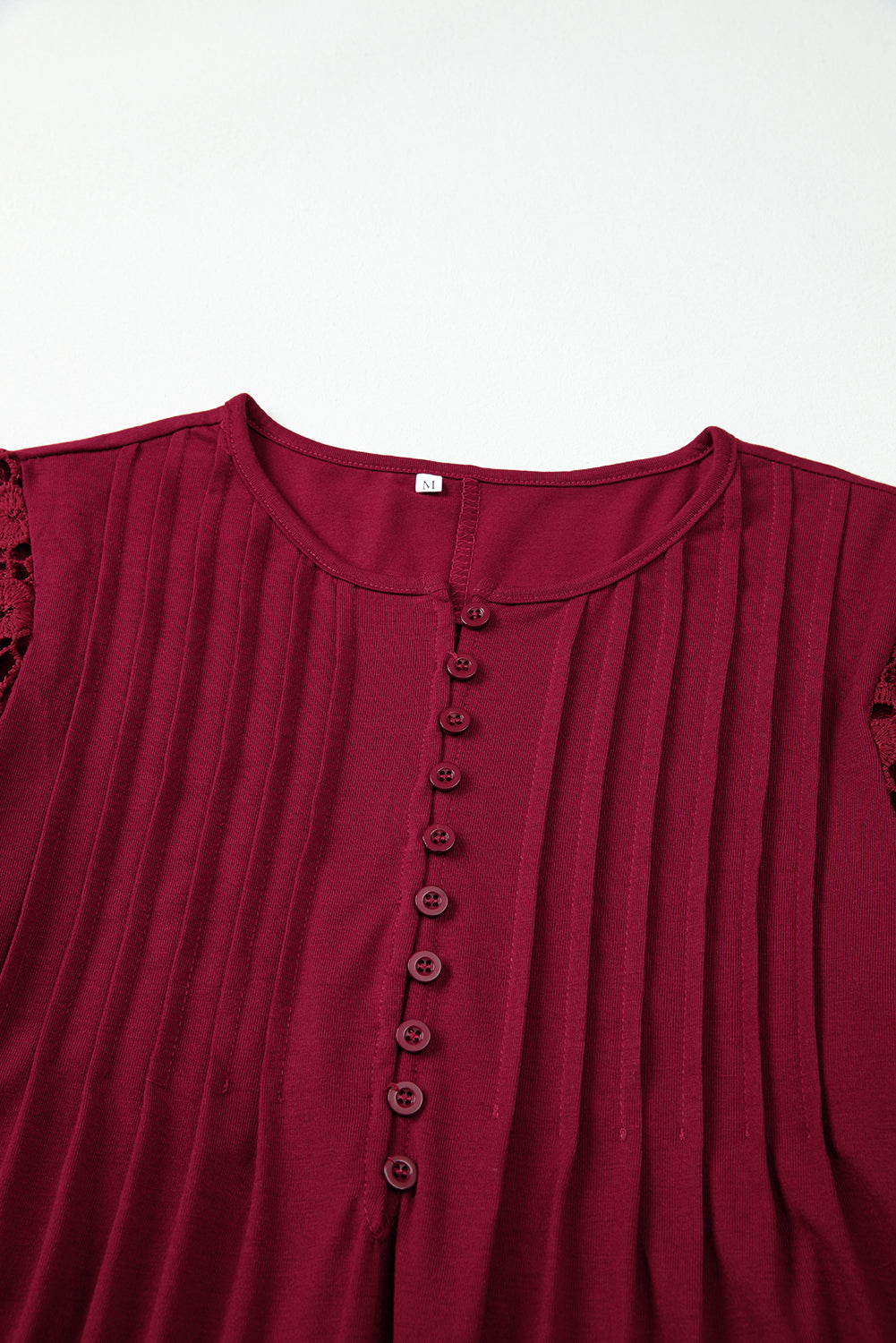 Burgundy Pleated Lace Sleeve Shift Mini Dress