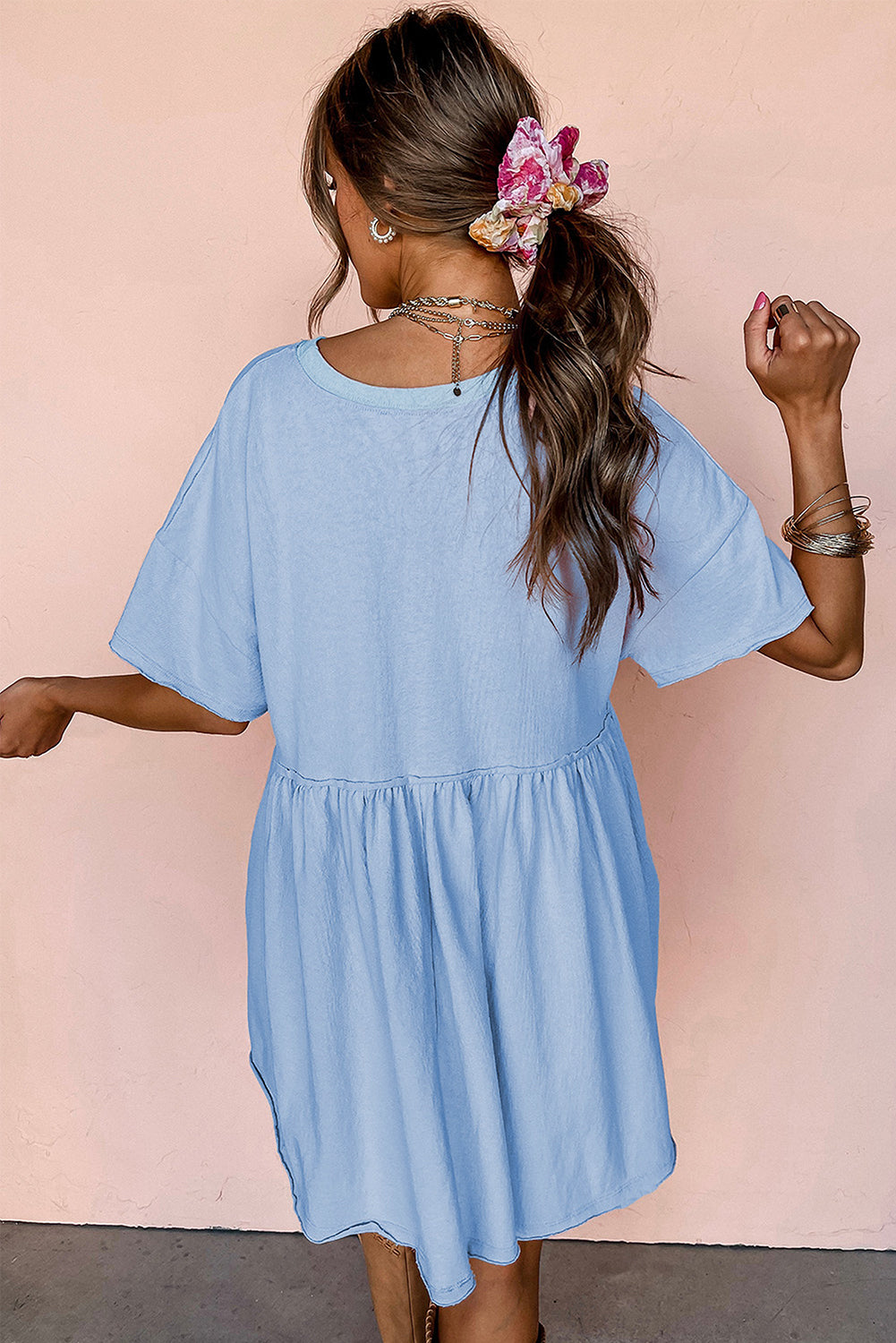 Moonlight Jade Solid Color Pocket Raw Edge Babydoll Dress