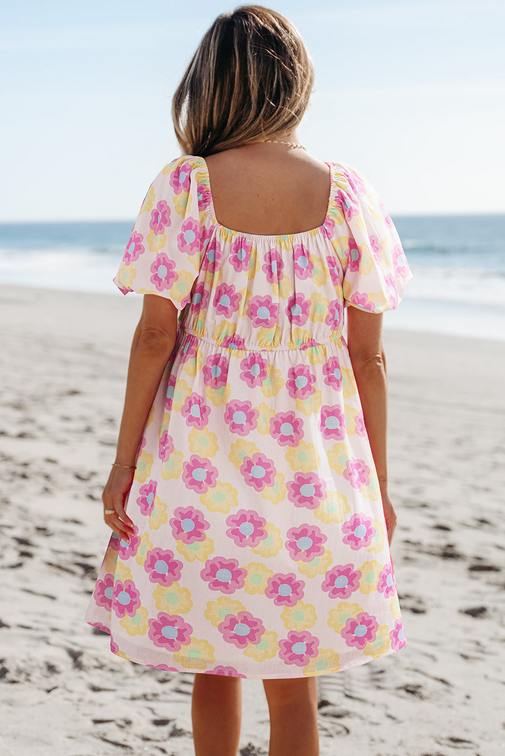 Rose Vibrant Floral Puff Sleeve Pleated Flared Mini Dress