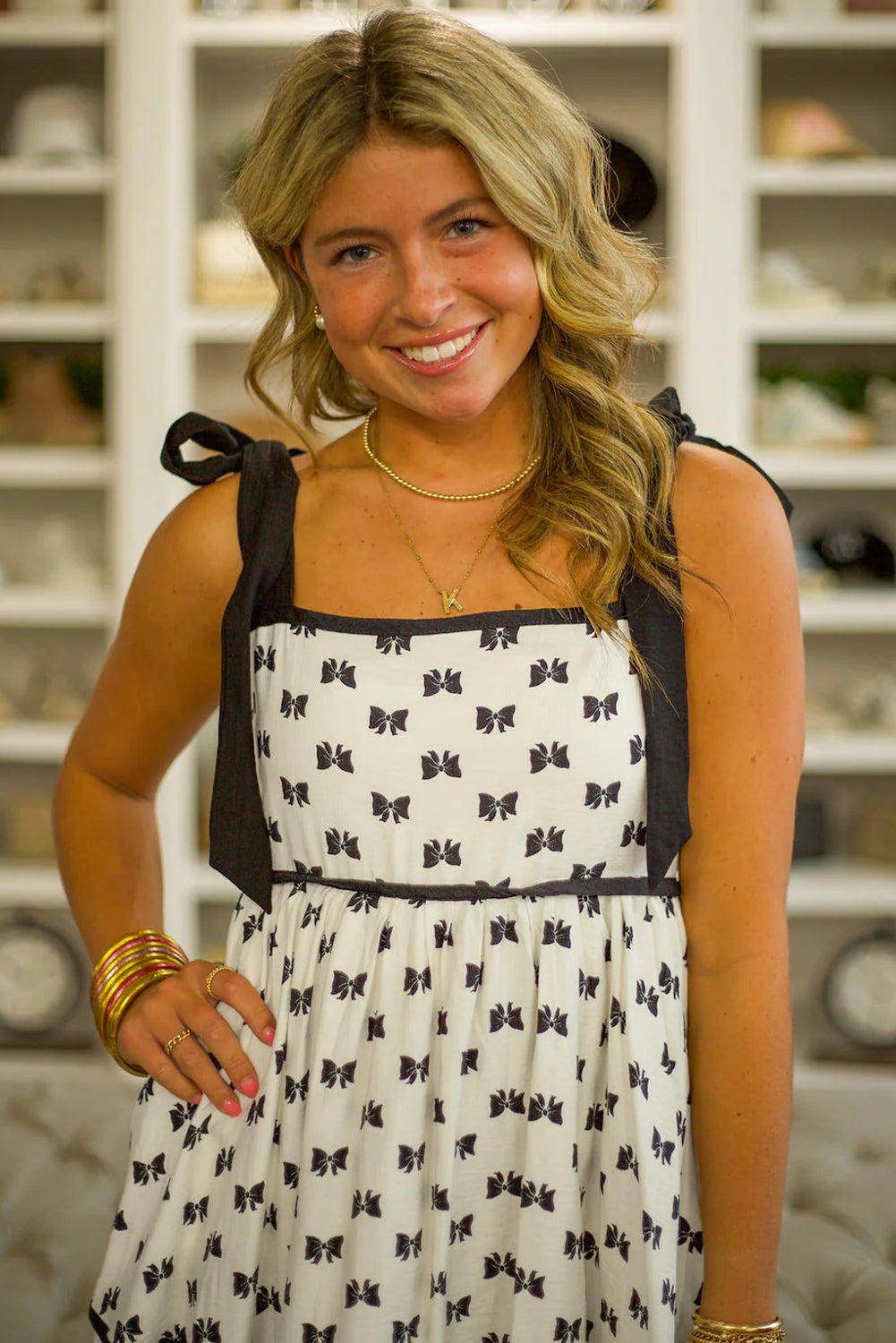 White Bow Contrast Trim Knotted Shoulder Mini Dress