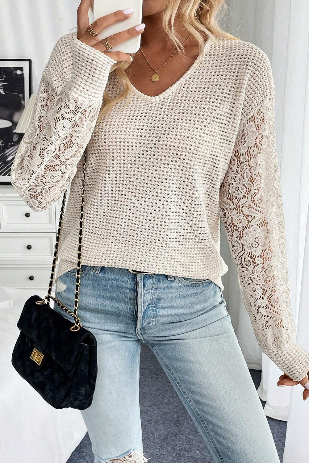 Beige Waffle V Neck Patchwork Lace Long Sleeve Top