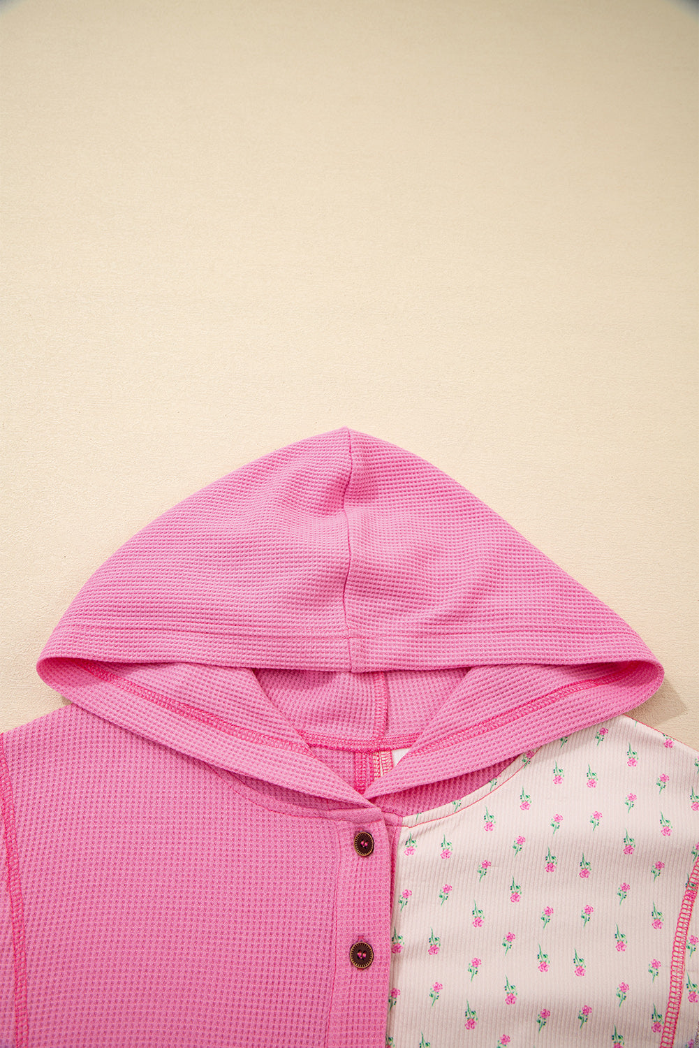 Pink Mixed Texture Waffle Floral Patchwork Hooded Oversized Pullover Top