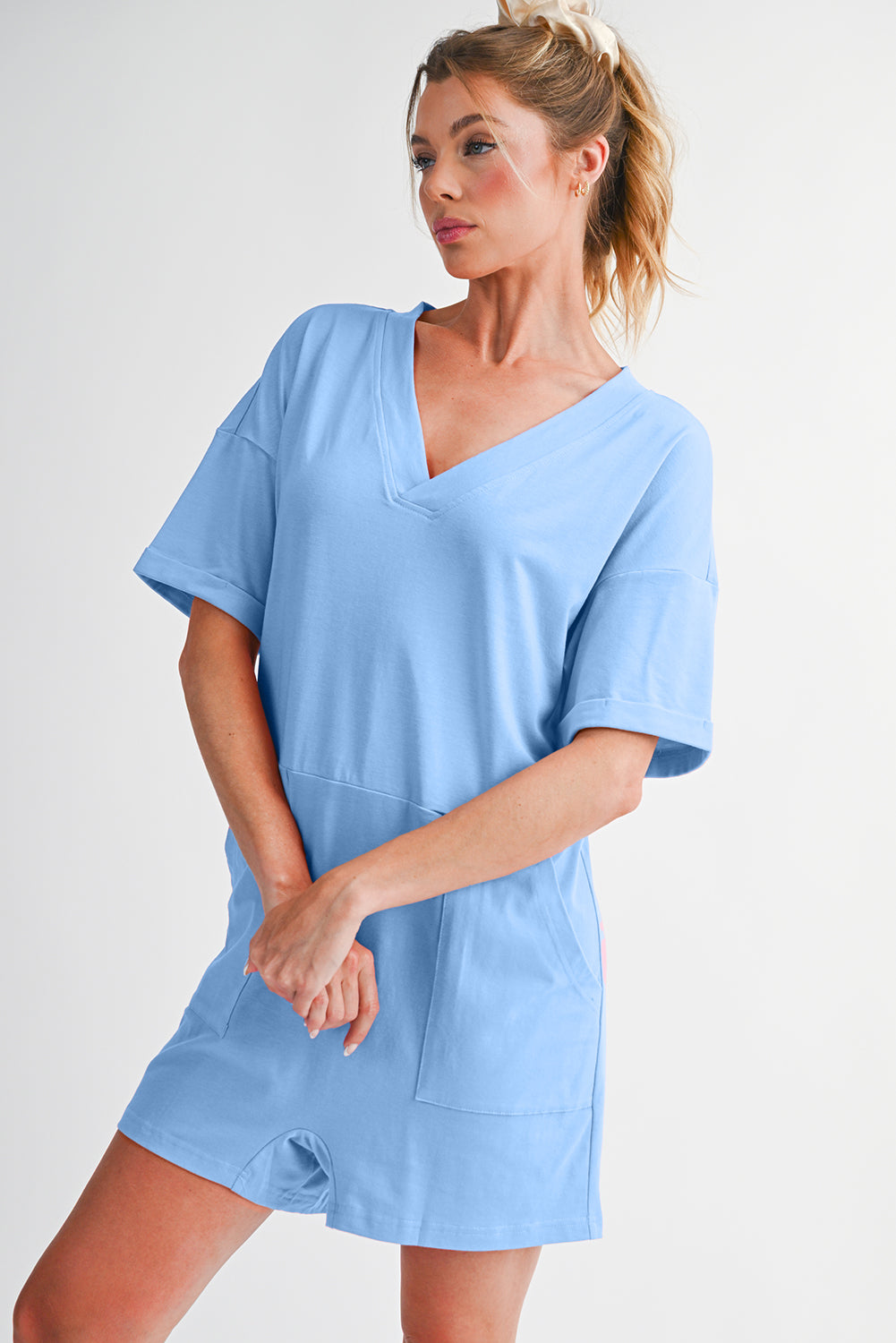 Myosotis Loose Half Sleeve V Neck Plain Romper