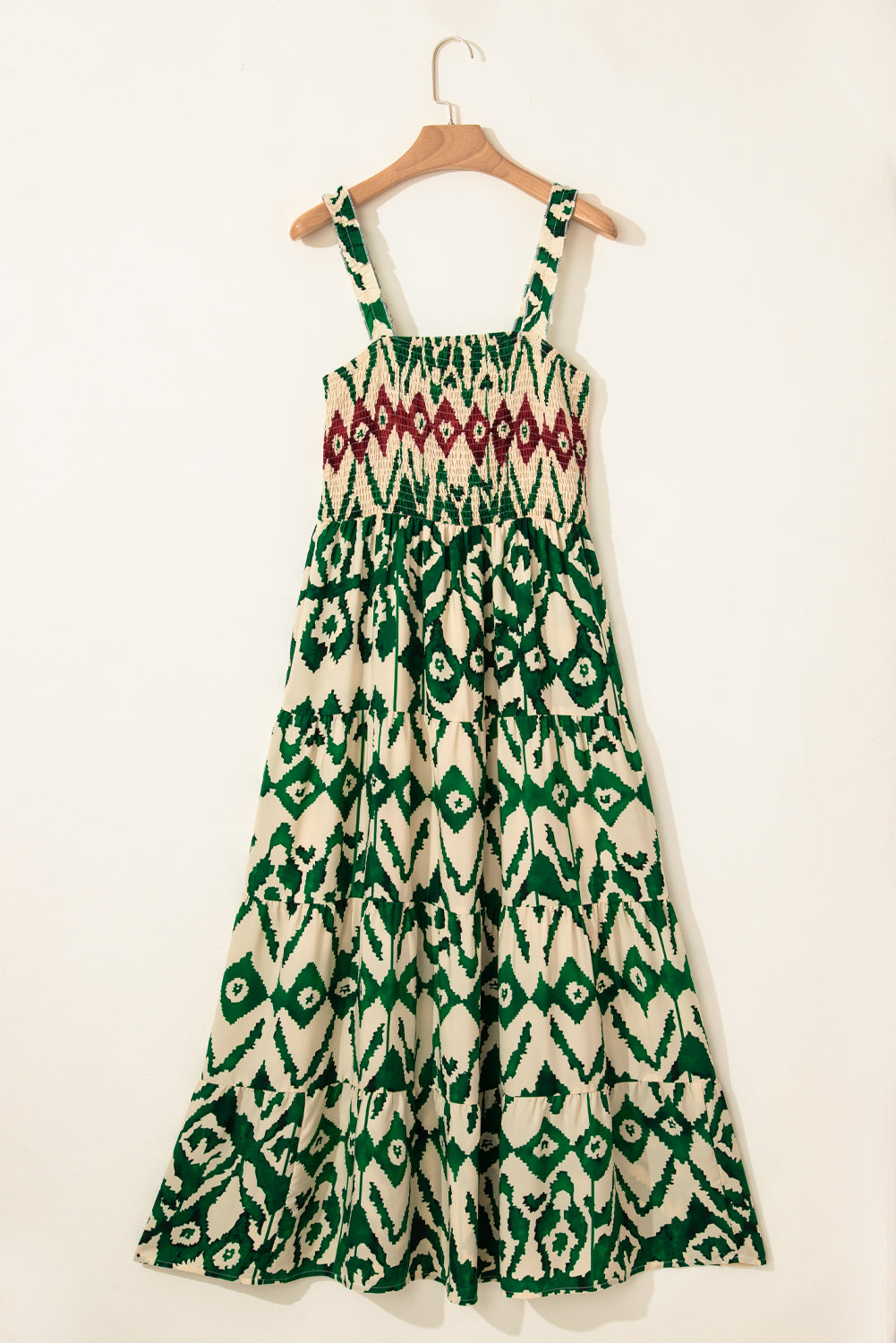 Green Boho Shirred A line Sleeveless Maxi Dress