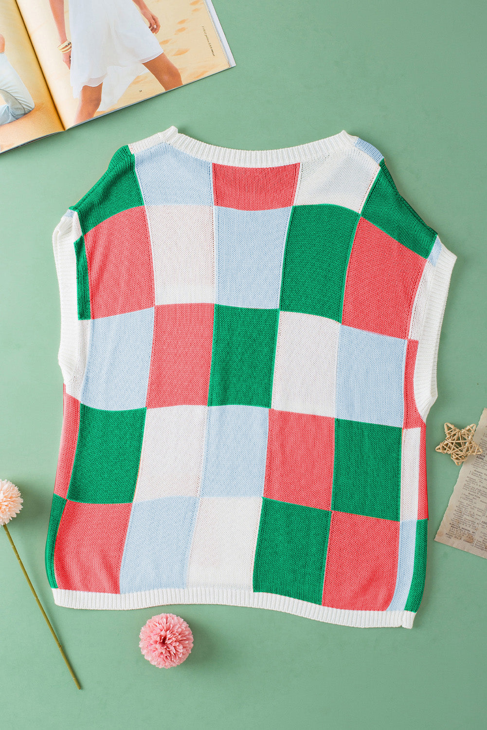 Grapefruit Orange Checkered Color Block Cap Sleeve Knitted Top