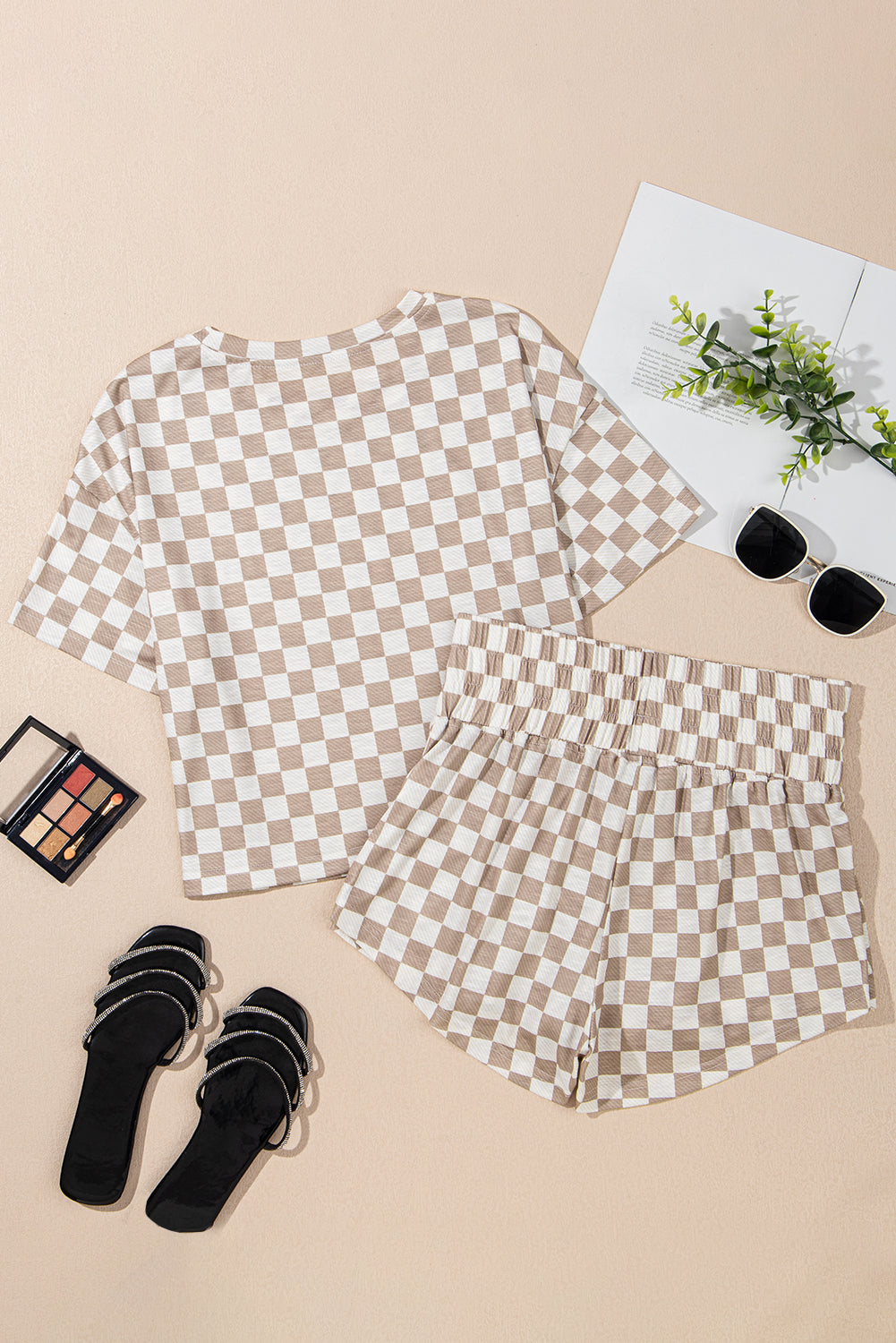 Black Checkerboard T Shirt and High Waist Skorts Set
