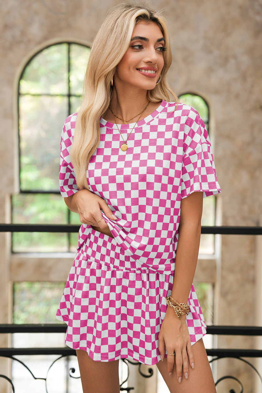 Black Checkerboard T Shirt and High Waist Skorts Set