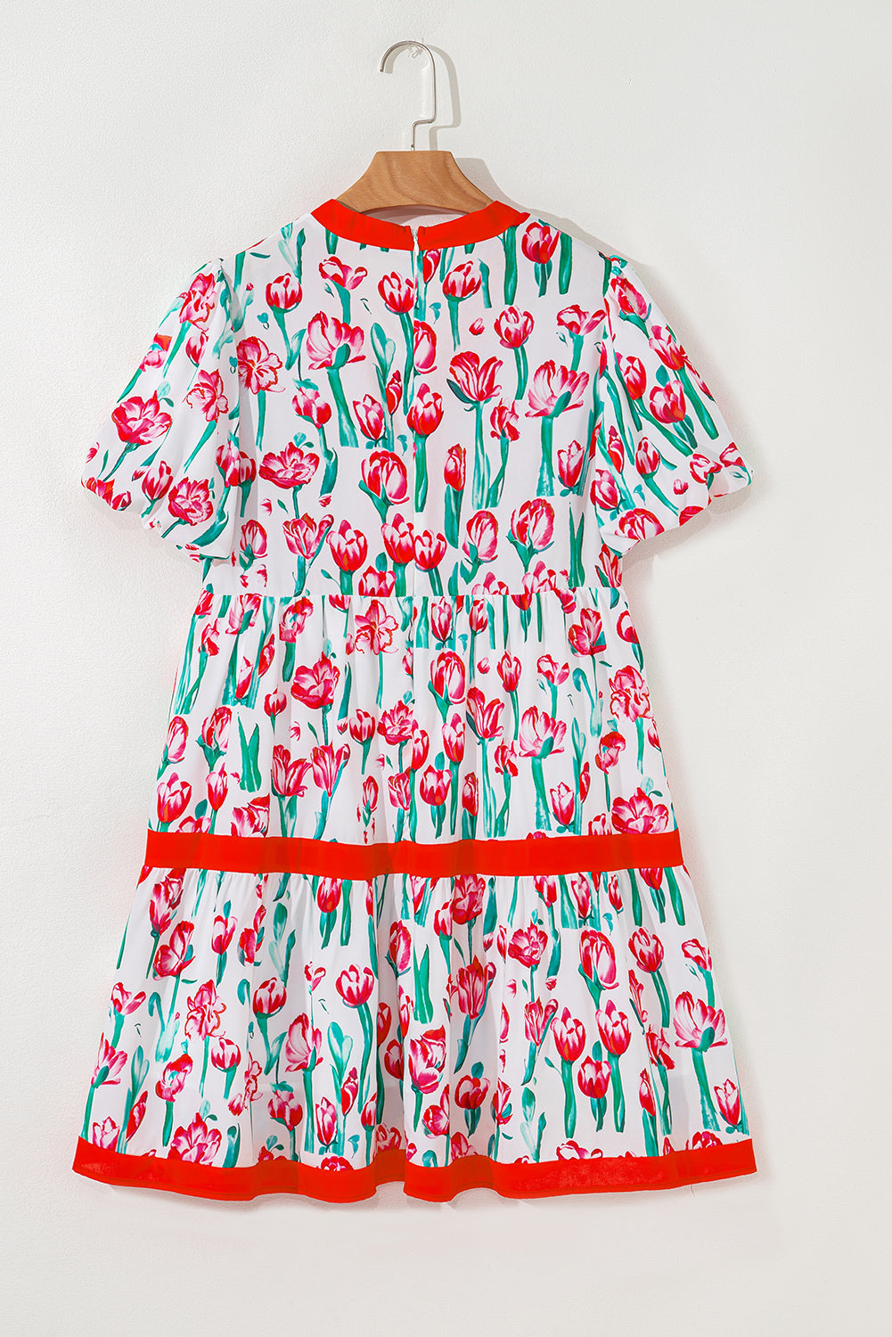 Pink Floral Print Bubble Sleeve Babydoll Pop of Color Neckline Dress