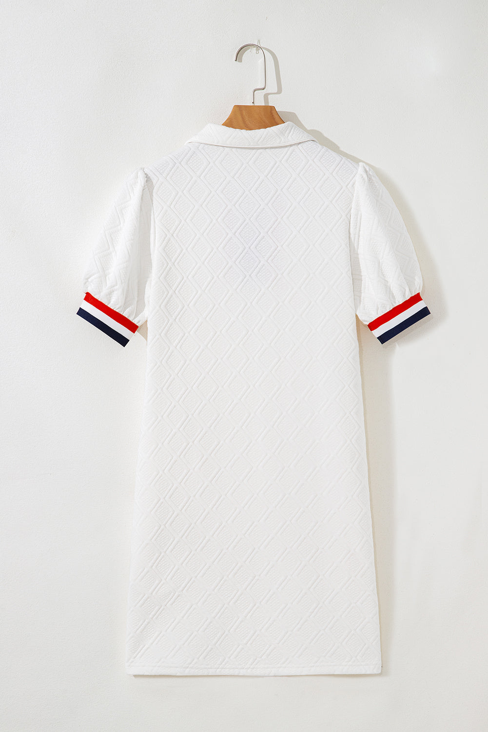 White Pop of Color Neckline Checkered Textured Puff Sleeve Mini Dress