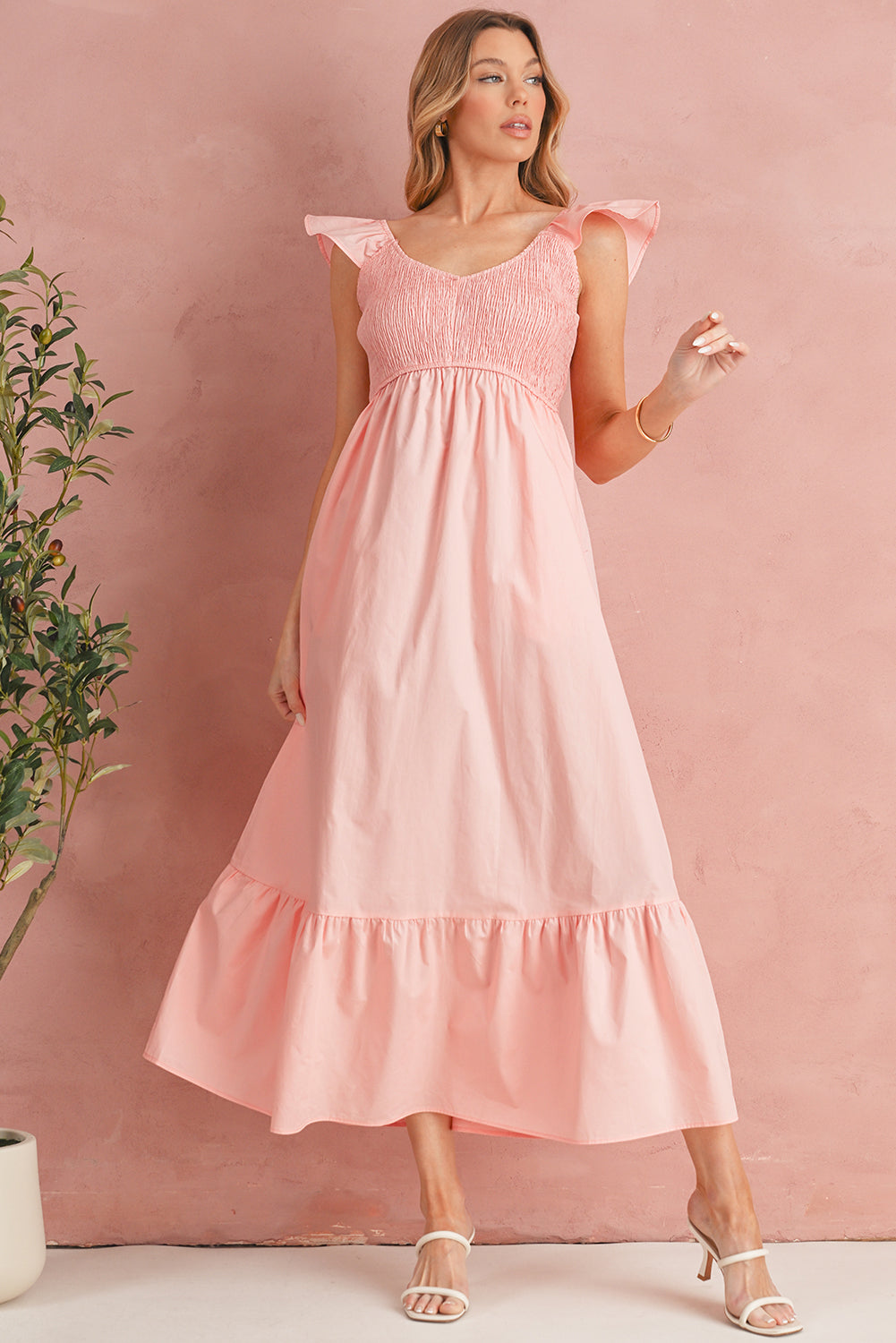 Apricot Pink V Neck Flutter Sleeve Smocked Bodice High Waist Ruffle Maxi Dress