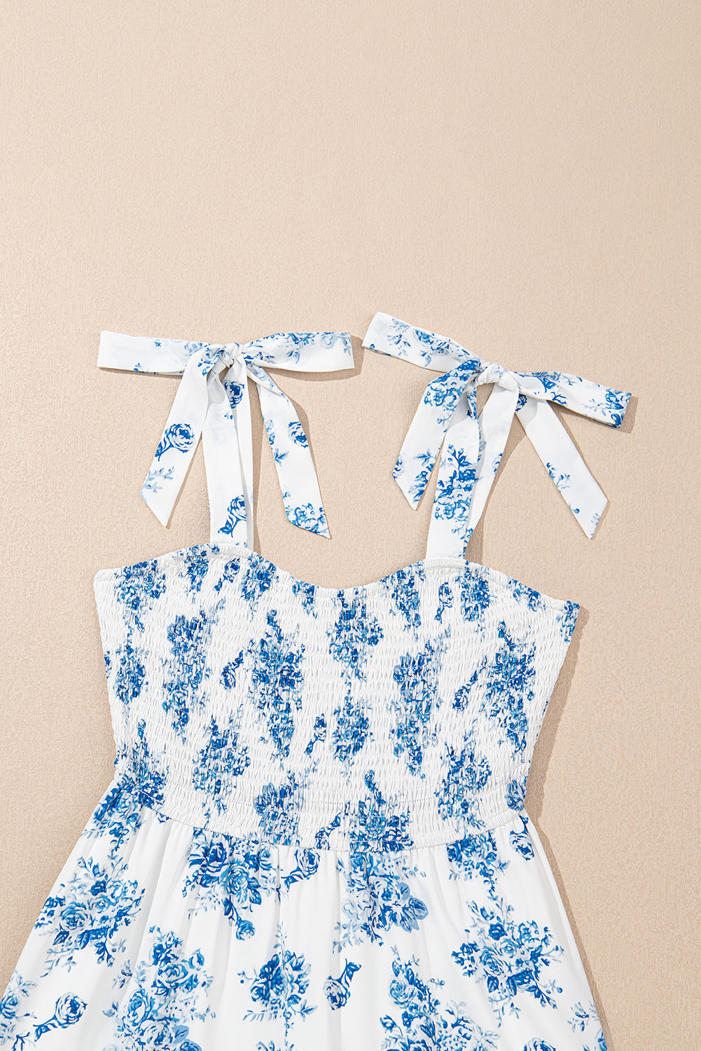 Sky Blue Floral Print Smocked Knot Shoulder Sleeveless Midi Dress
