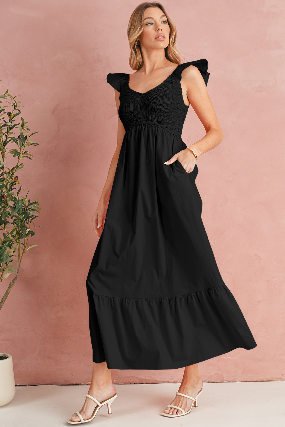 Apricot Pink V Neck Flutter Sleeve Smocked Bodice High Waist Ruffle Maxi Dress