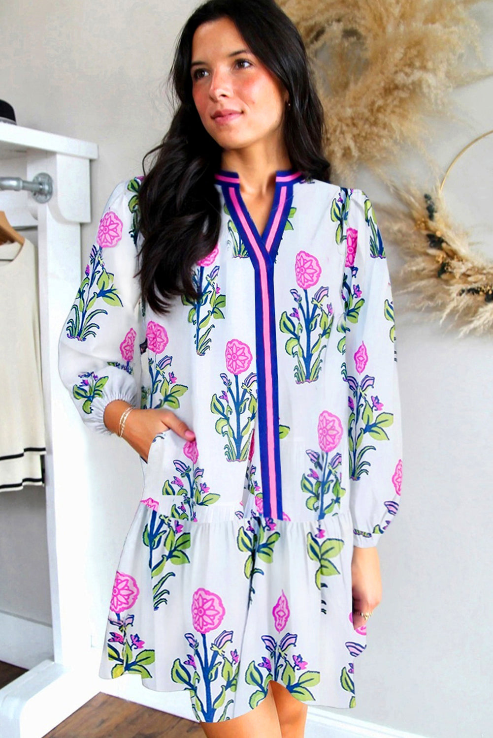 Sky Blue Floral Print Pop of Color V Neck Mini Dress