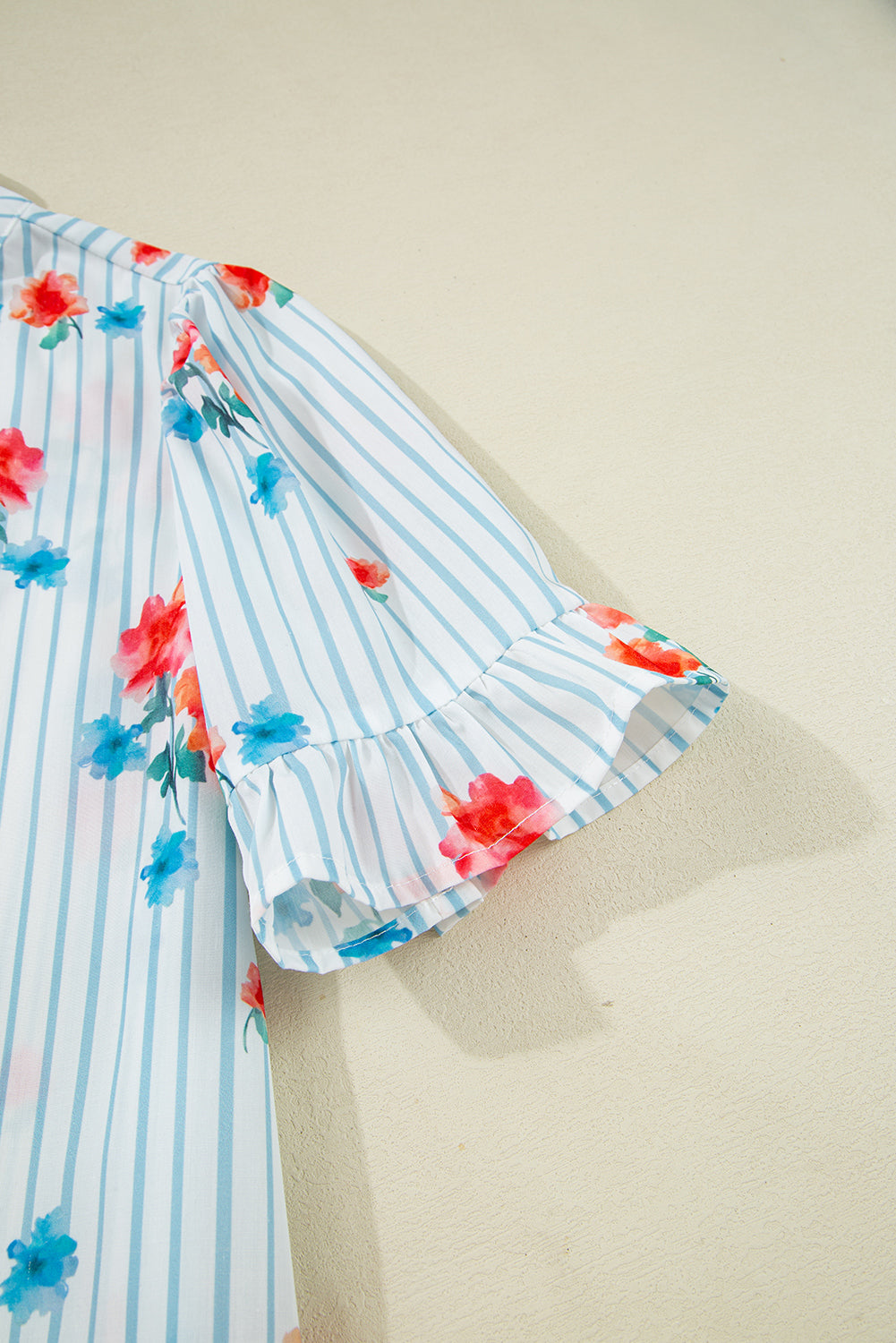 Sky Blue Striped Floral Print Ruffle Belted Mini Dress