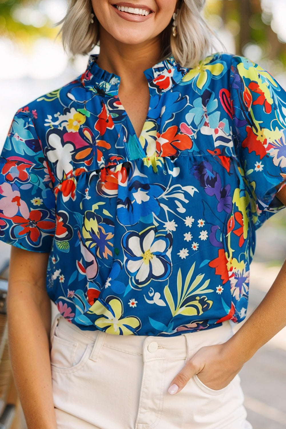 Blue Flower Print Notch V Neck Puff Sleeve Babydoll Blouse