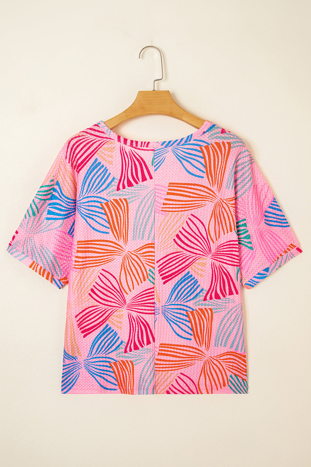 Sky Blue Bowknot Print Waffle Loose Tee