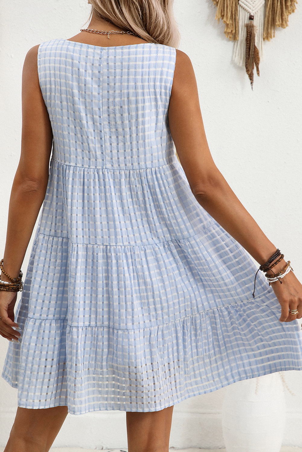 White Gingham High Waist Sleeveless Mini Dress