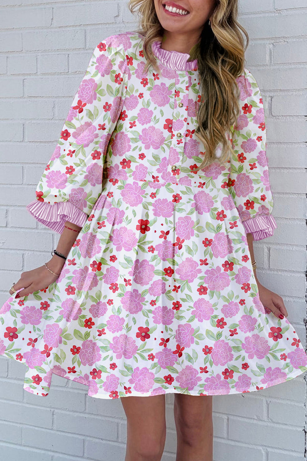 Pink Floral Print Striped Trim Flowy Mini Dress