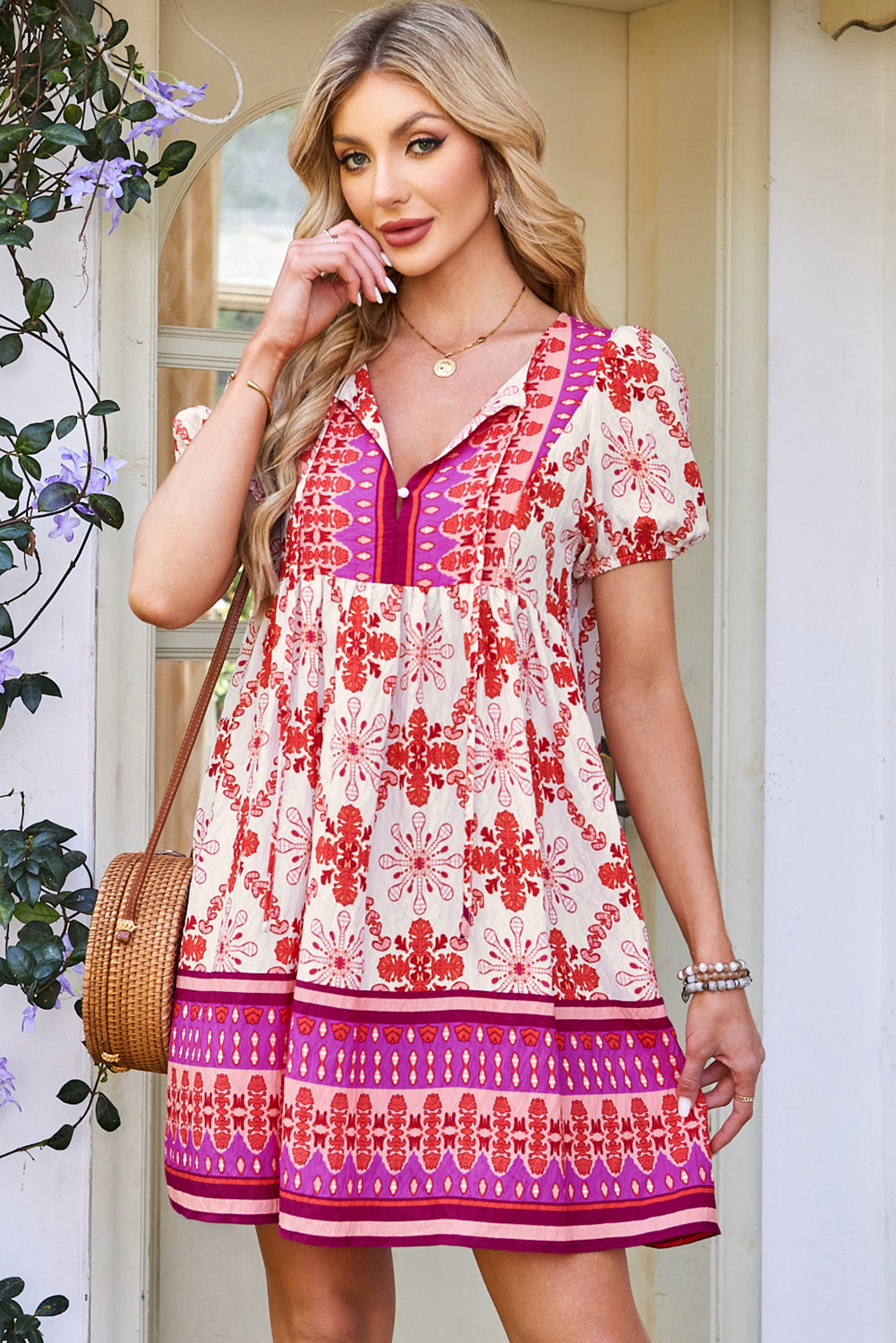 Rose Boho Floral Short Sleeve Tie V Neck Mini Dress