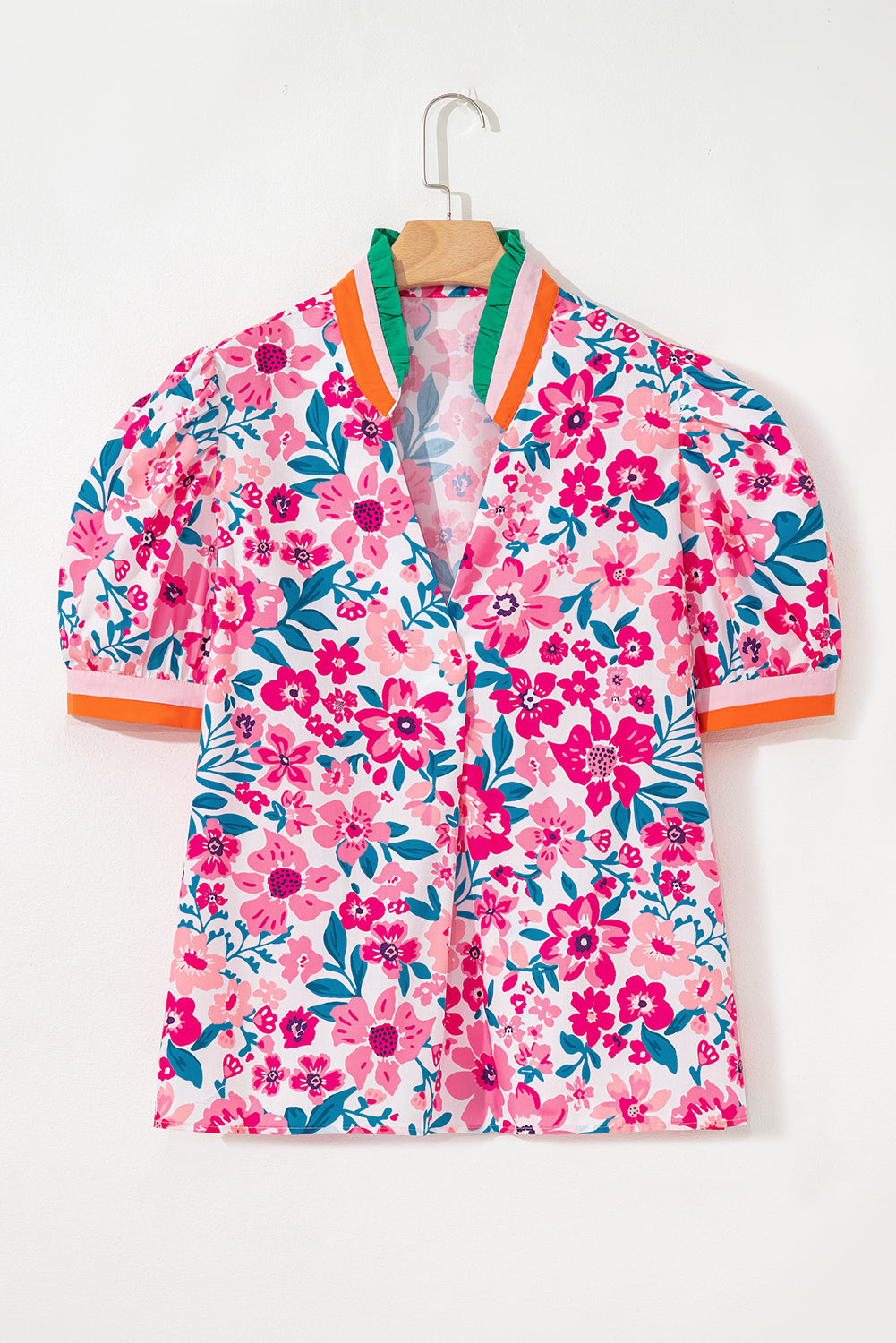 Pink Floral Print Striped Trim Puff Sleeve Blouse