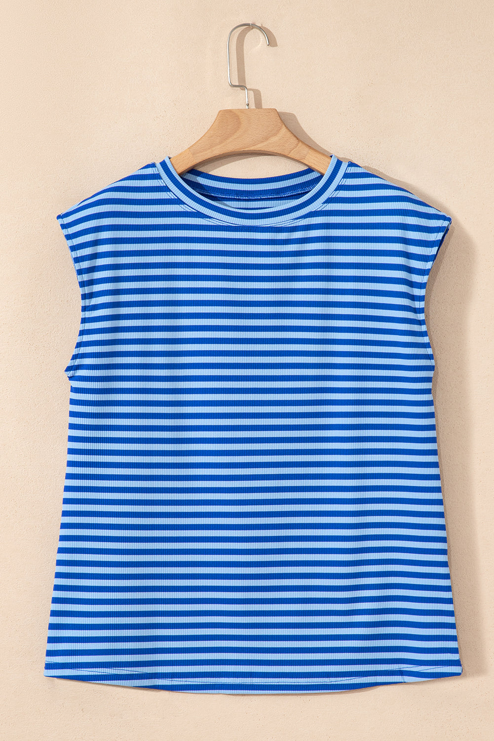 Red Stripe Ribbed Cap Sleeve Round Neck T Shirt