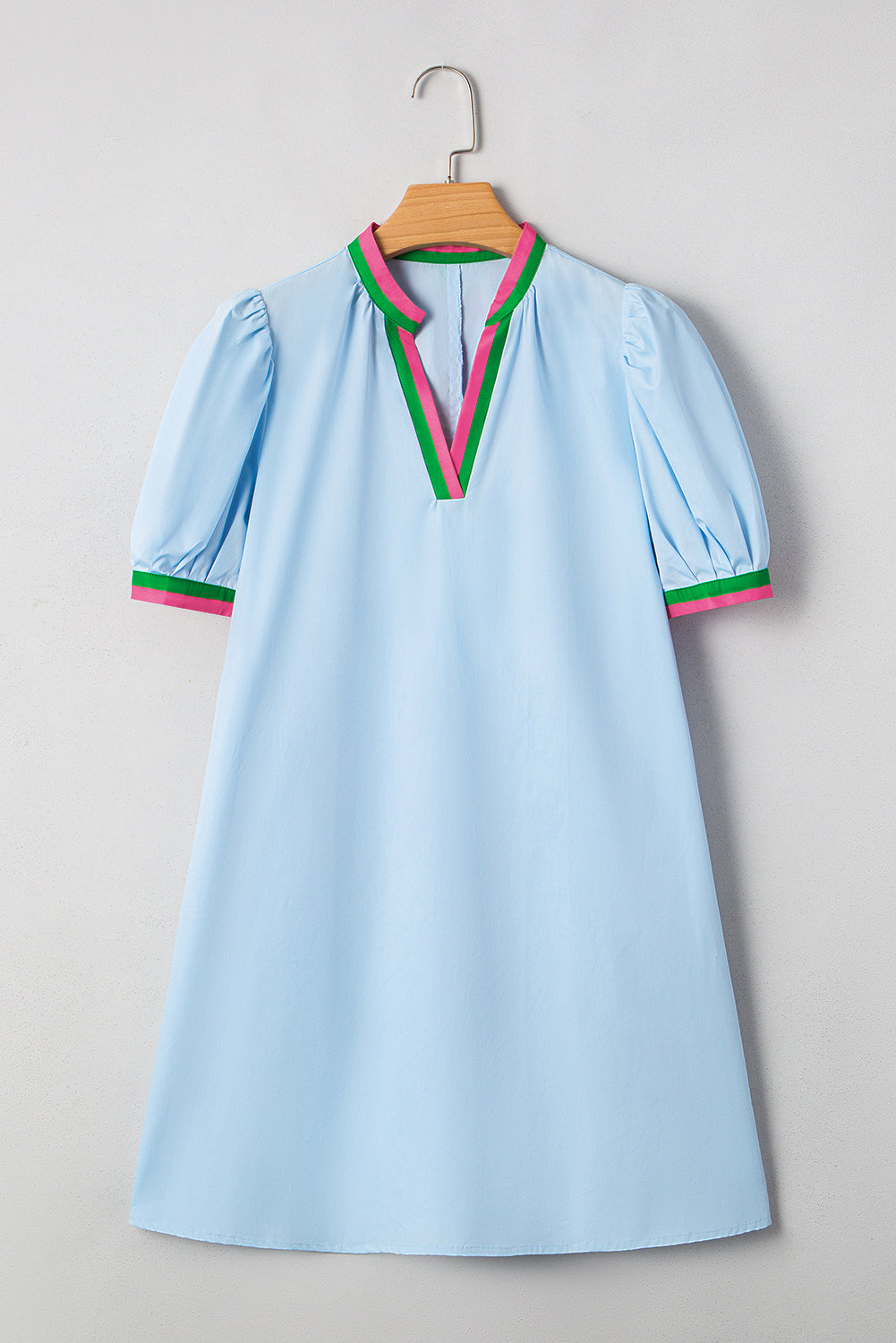 Myosotis Striped Pop of Color V Neck Puff Sleeve Mini Dress