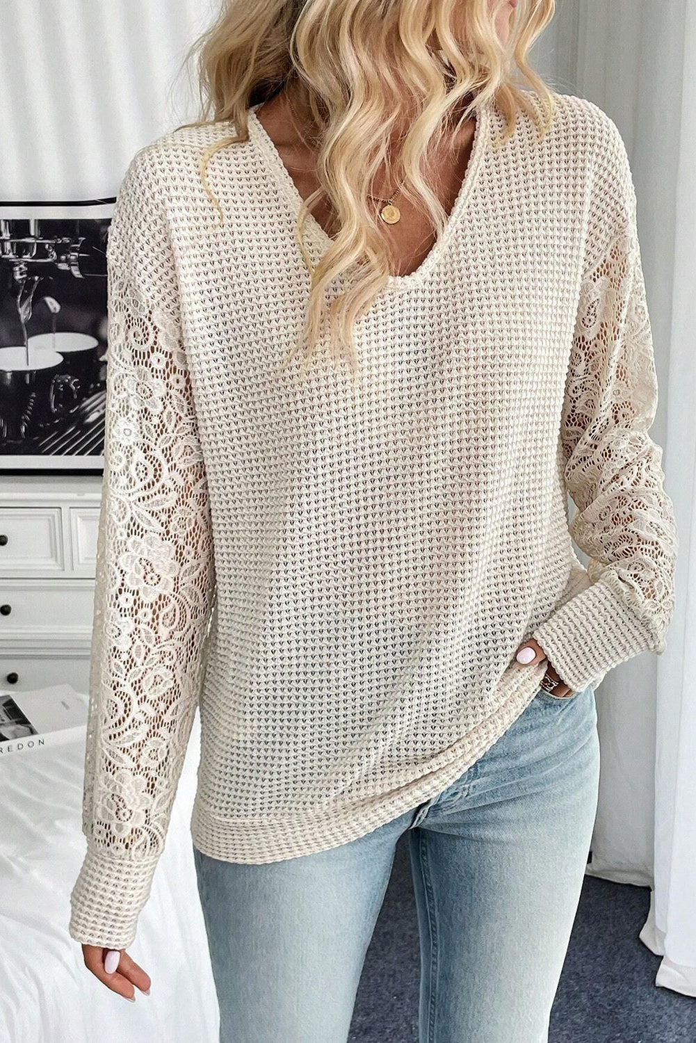 Beige Waffle V Neck Patchwork Lace Long Sleeve Top