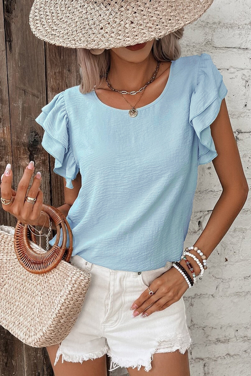Clearly Aqua Solid Color Ruffle Sleeve Crinkled Blouse