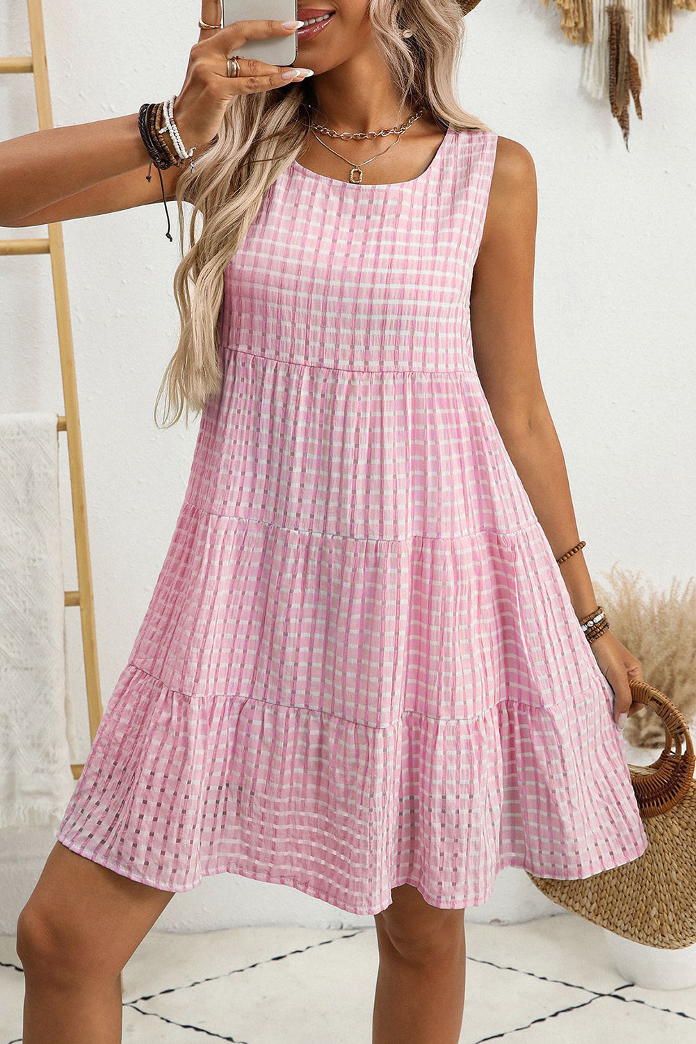 White Gingham High Waist Sleeveless Mini Dress
