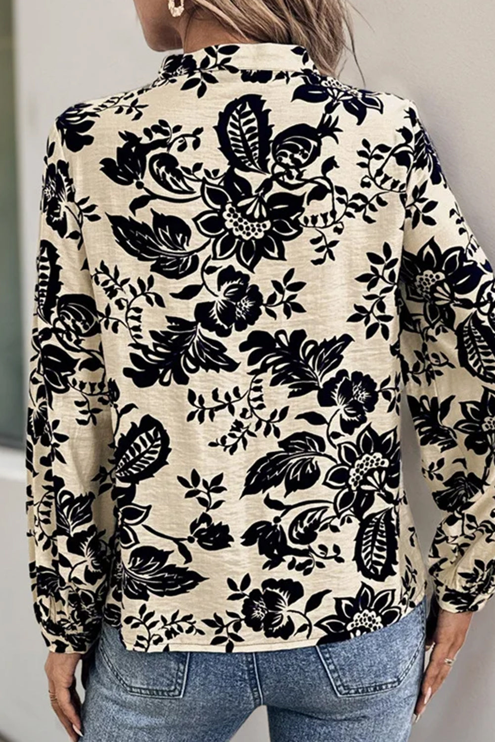 Apricot Botanical Print Pleated Button-up Shirt