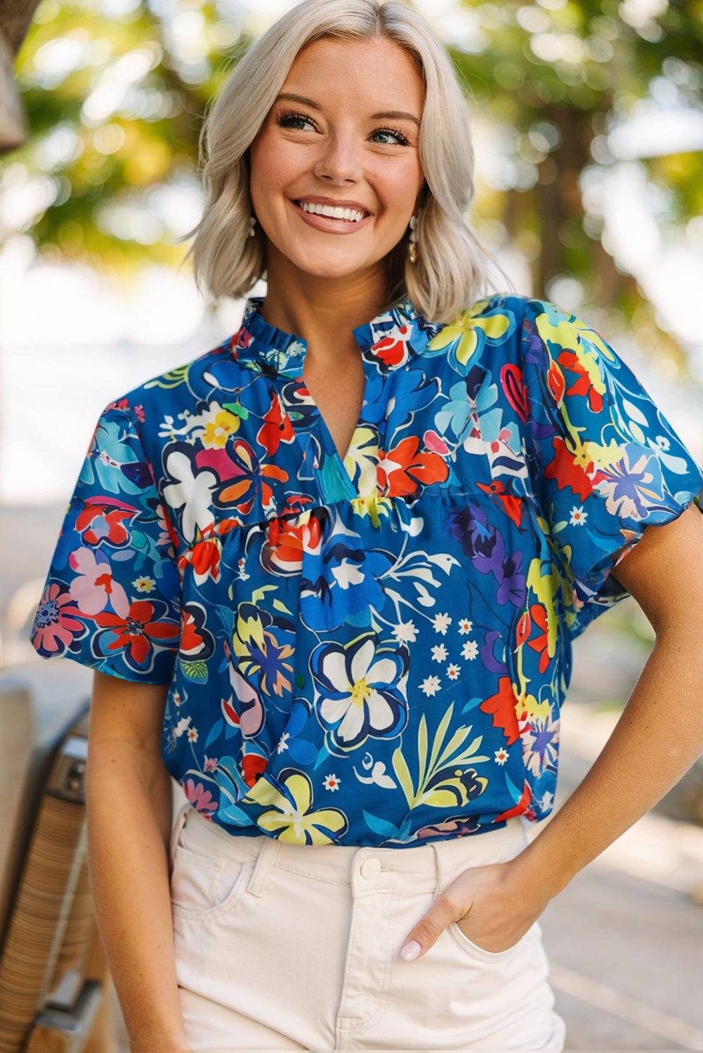 Blue Flower Print Notch V Neck Puff Sleeve Babydoll Blouse