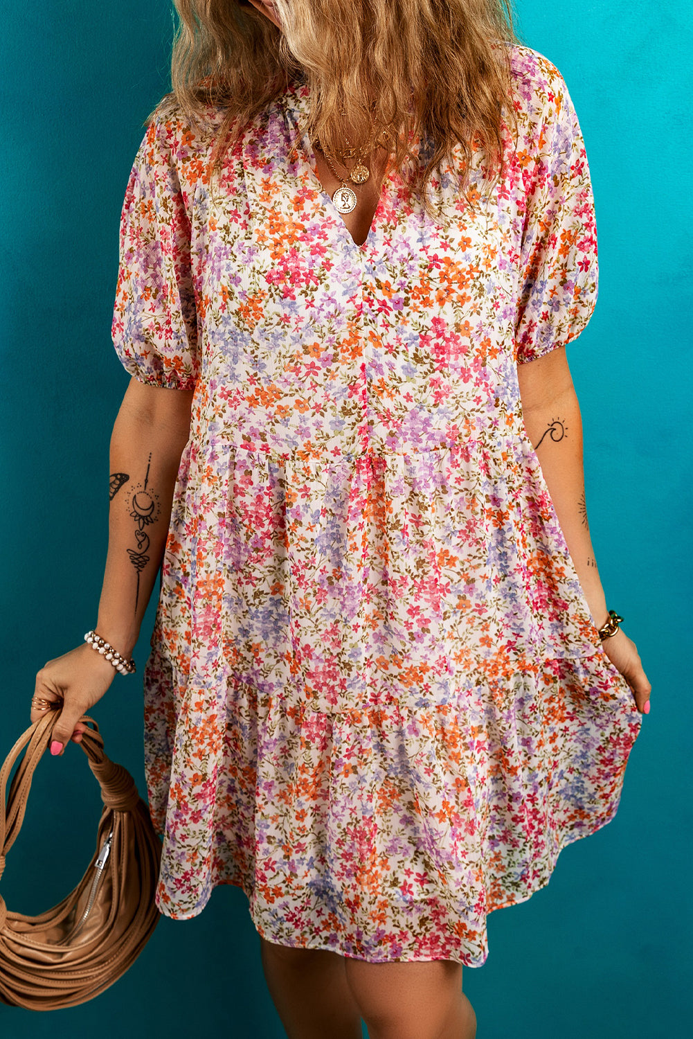Red Floral Print Notched V Neck Puff Sleeve Tiered Mini Dress