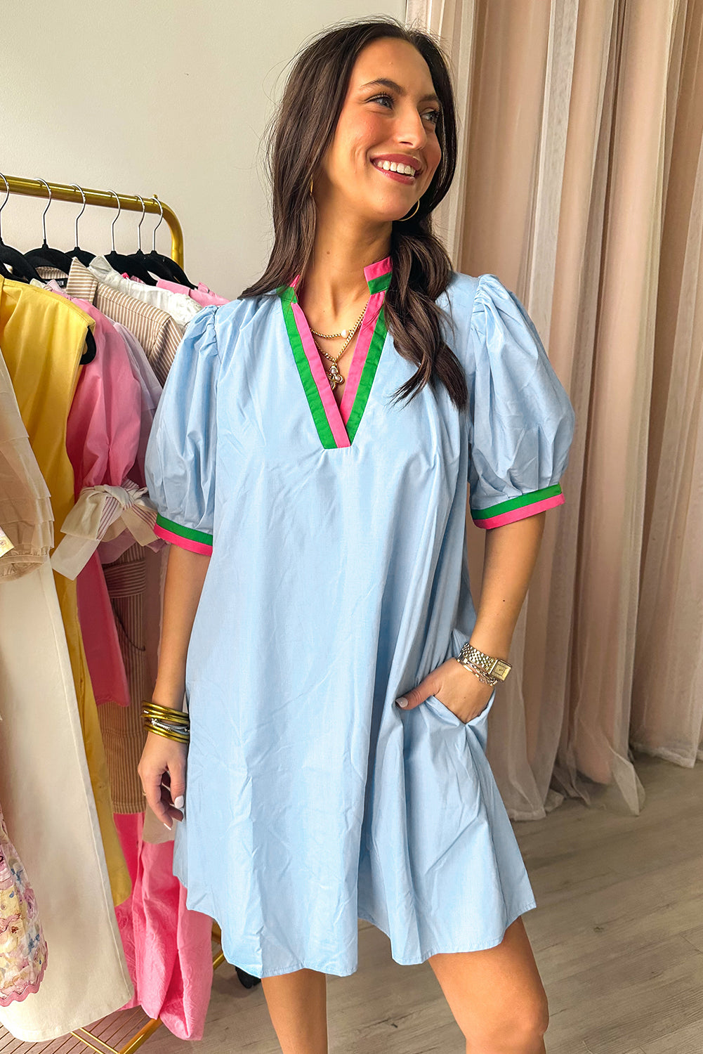 Myosotis Striped Pop of Color V Neck Puff Sleeve Mini Dress