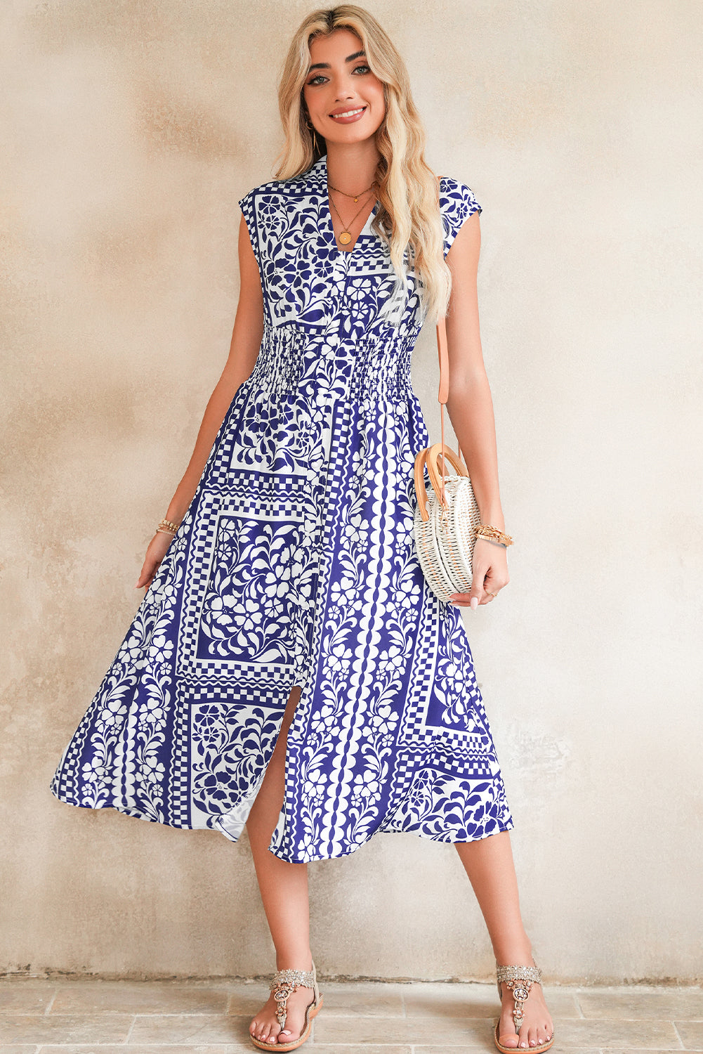 Dirty Blue Floral Print Smocked Waist Sleeveless Dress