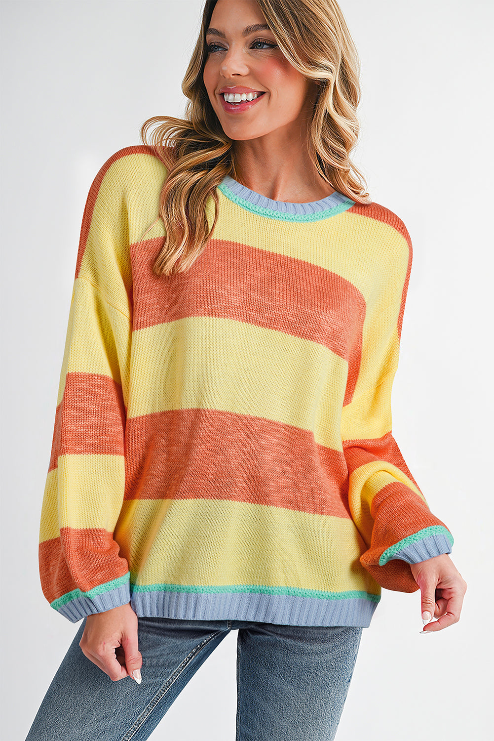 Yellow Stripe Contrasting Trim Round Neck Oversized Sweater