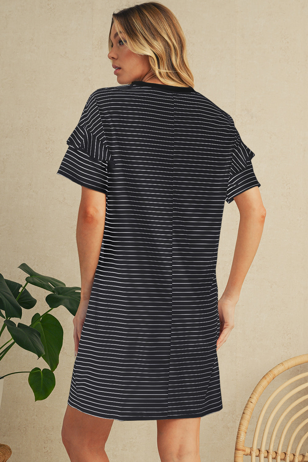 Green Stripe Ruffle Short Sleeve T Shirt Mini Dress