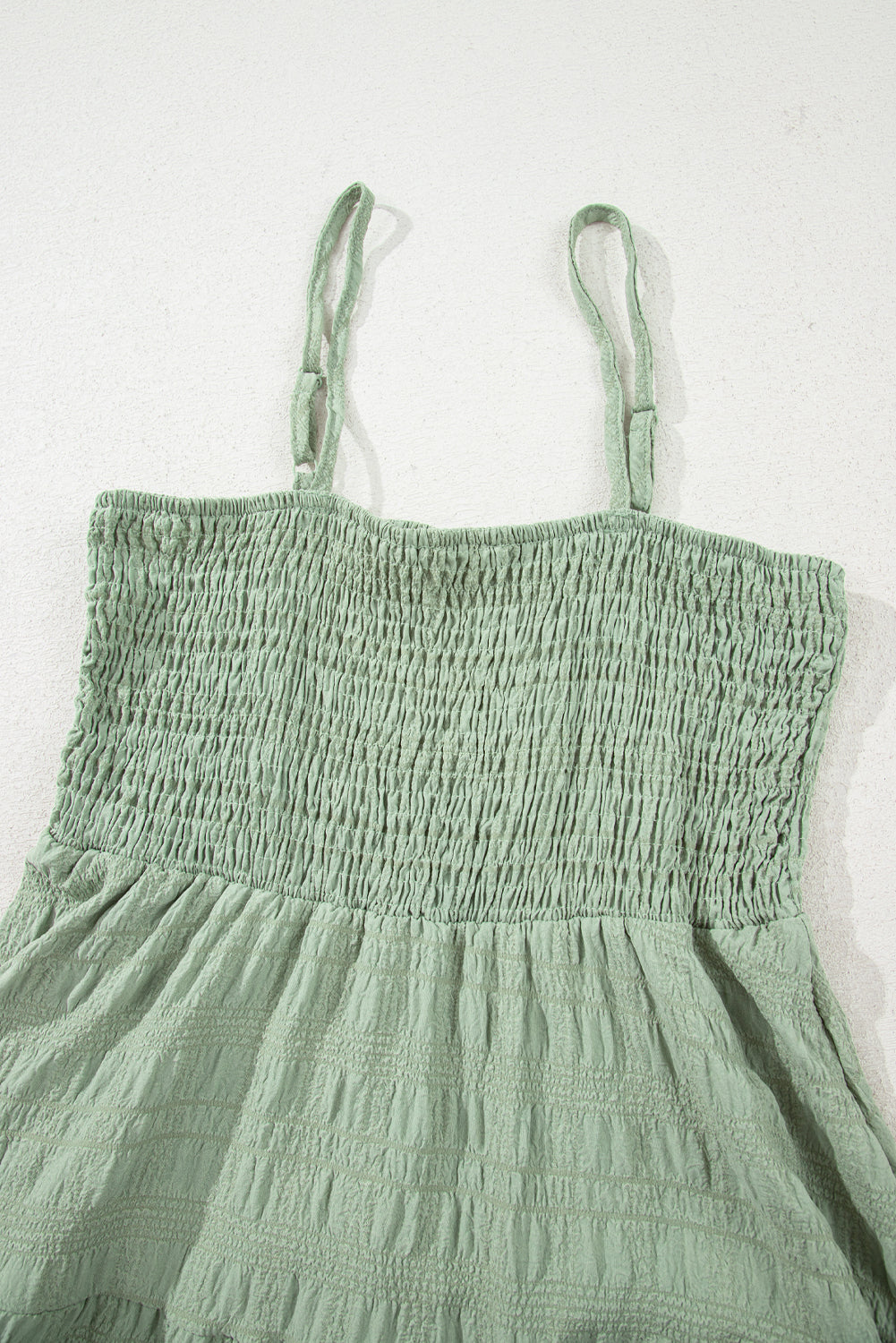 Smoke Green Solid Color Shirred Spaghetti Strap Textured Dress