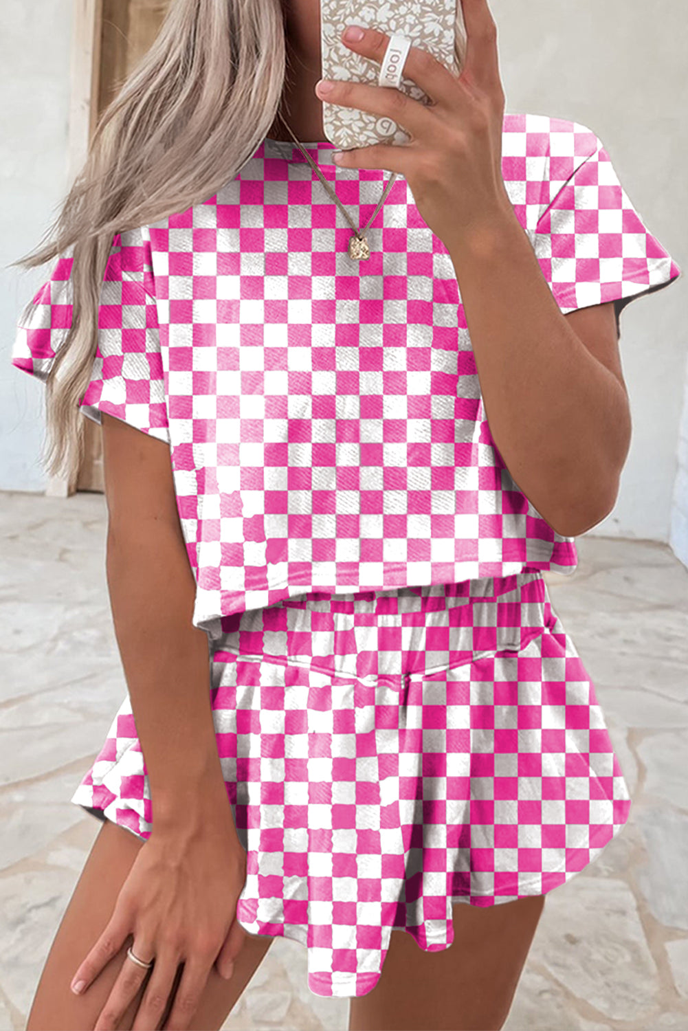 Black Checkerboard T Shirt and High Waist Skorts Set