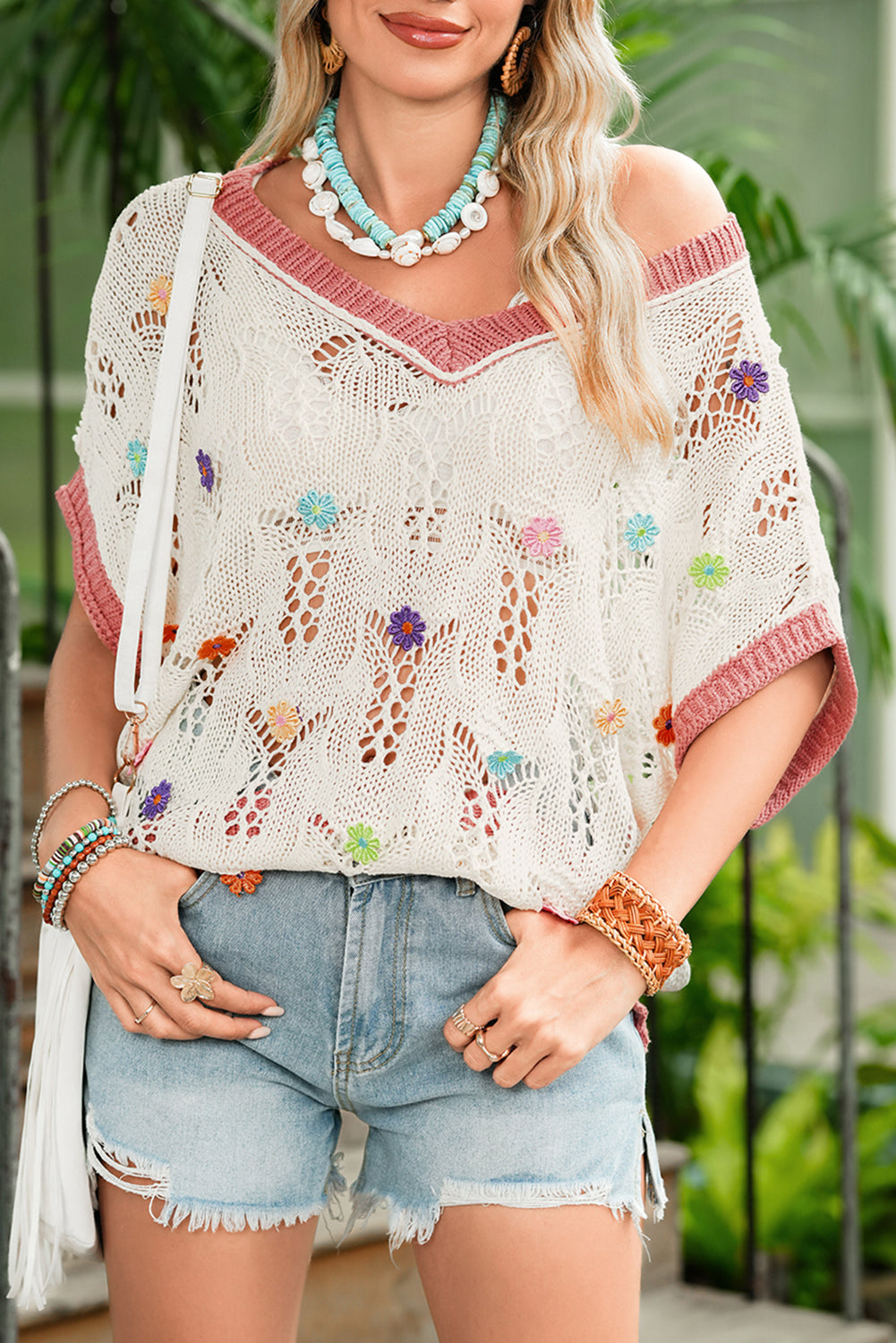 Delicacy Flowers Colorblock Edge Hollow Crochet Knit Top