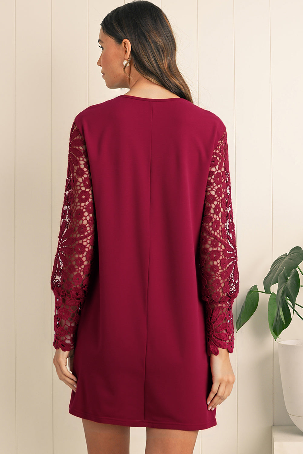 Burgundy Pleated Lace Sleeve Shift Mini Dress