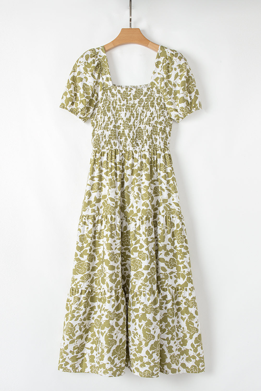 Yellow Boho Floral Print Square Neck Puff Sleeve Tiered Maxi Dress