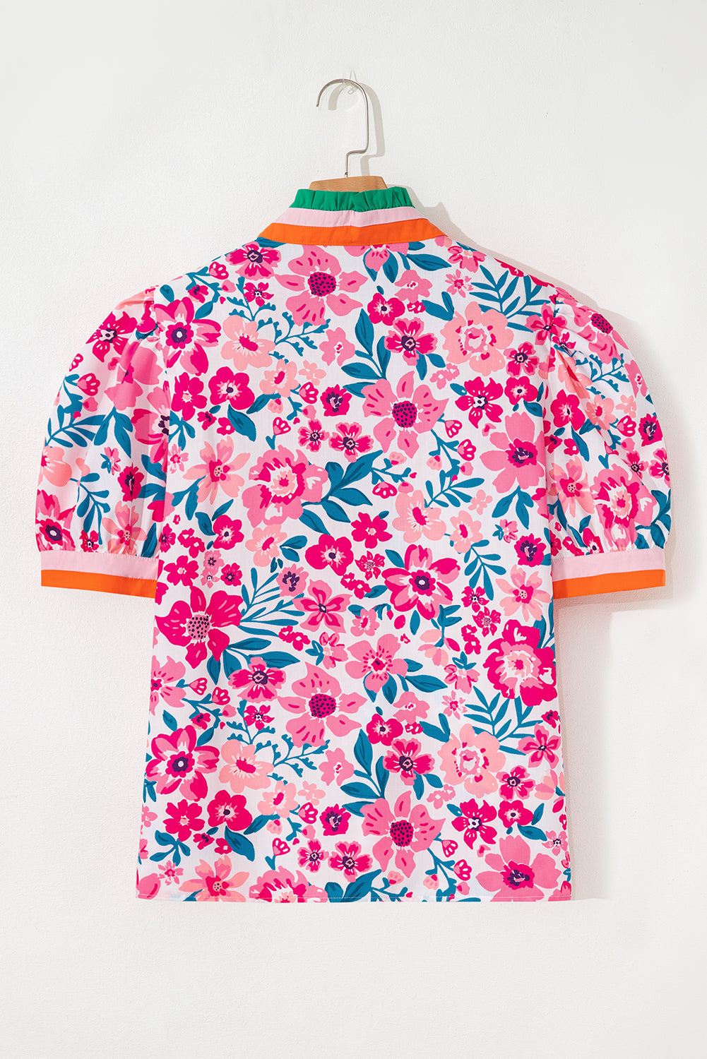 Pink Floral Print Striped Trim Puff Sleeve Blouse