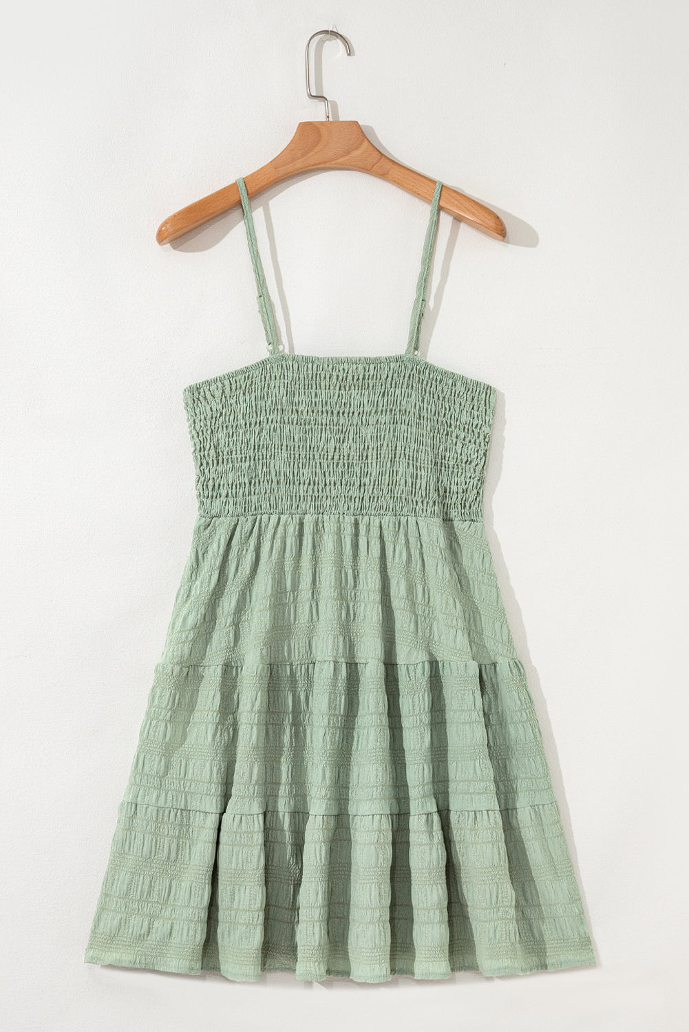 Smoke Green Solid Color Shirred Spaghetti Strap Textured Dress