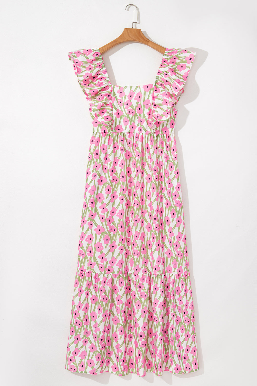 Blue Floral Print Square Neck Ruffled Strap Maxi Dress