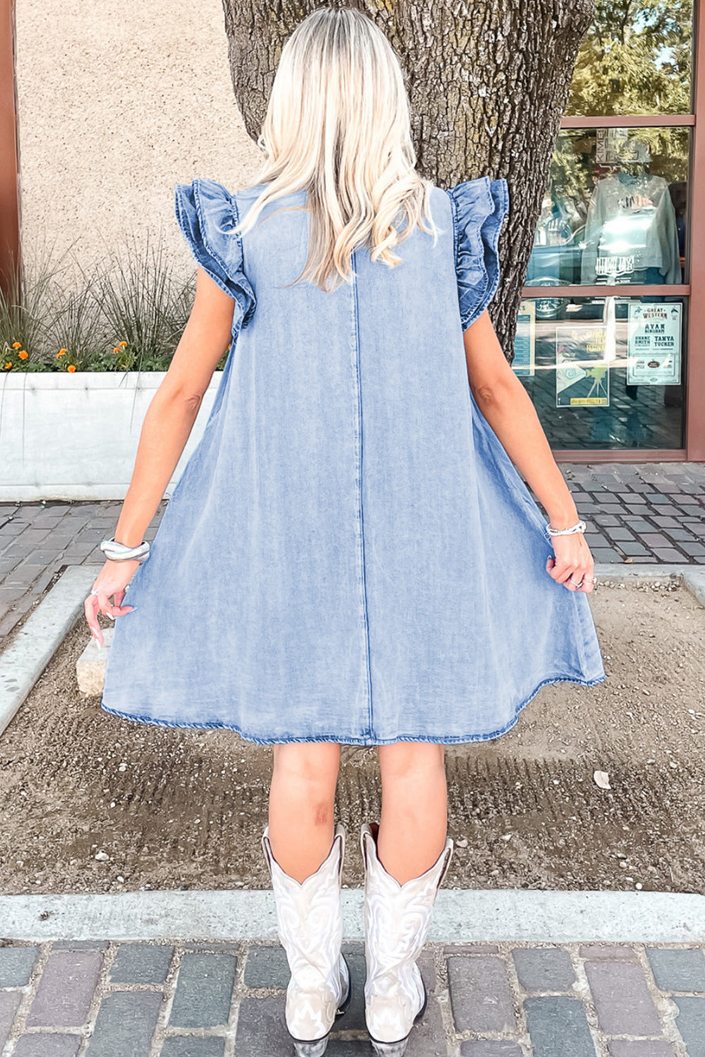 Beau Blue Ruffle Sleeve Button Down A-line Mini Denim Dress