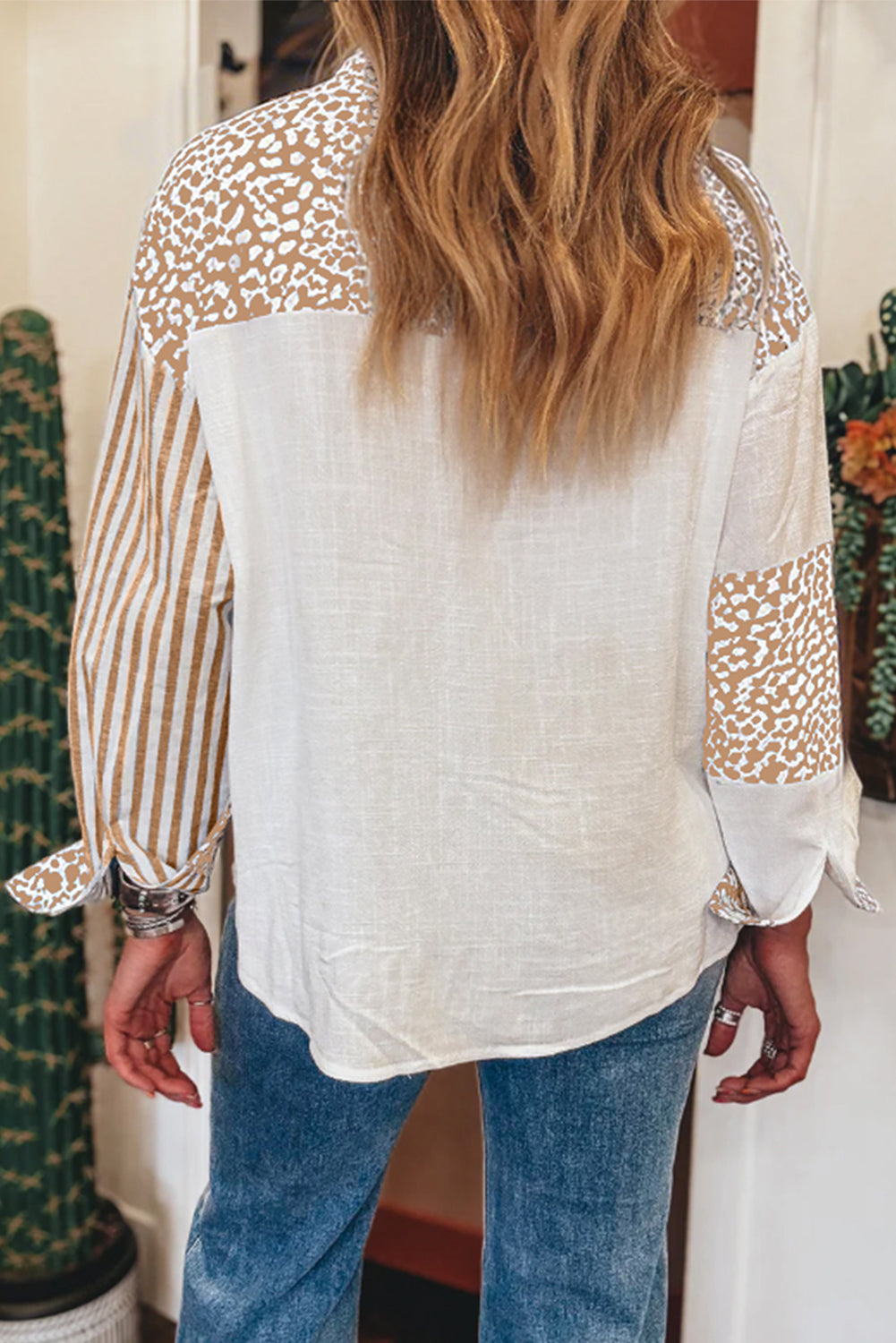 Sky Blue Leopard Striped Patchwork Button-up Shirt