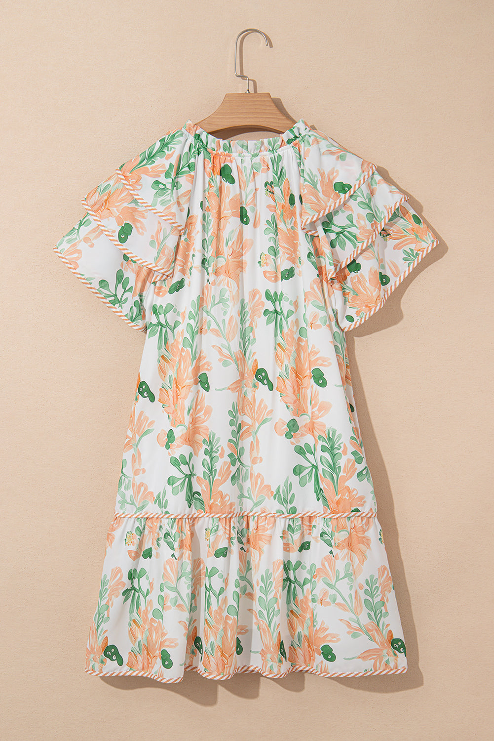Orange Floral Contrast Edge Ruffle Sleeve Tie Neck Mini Dress