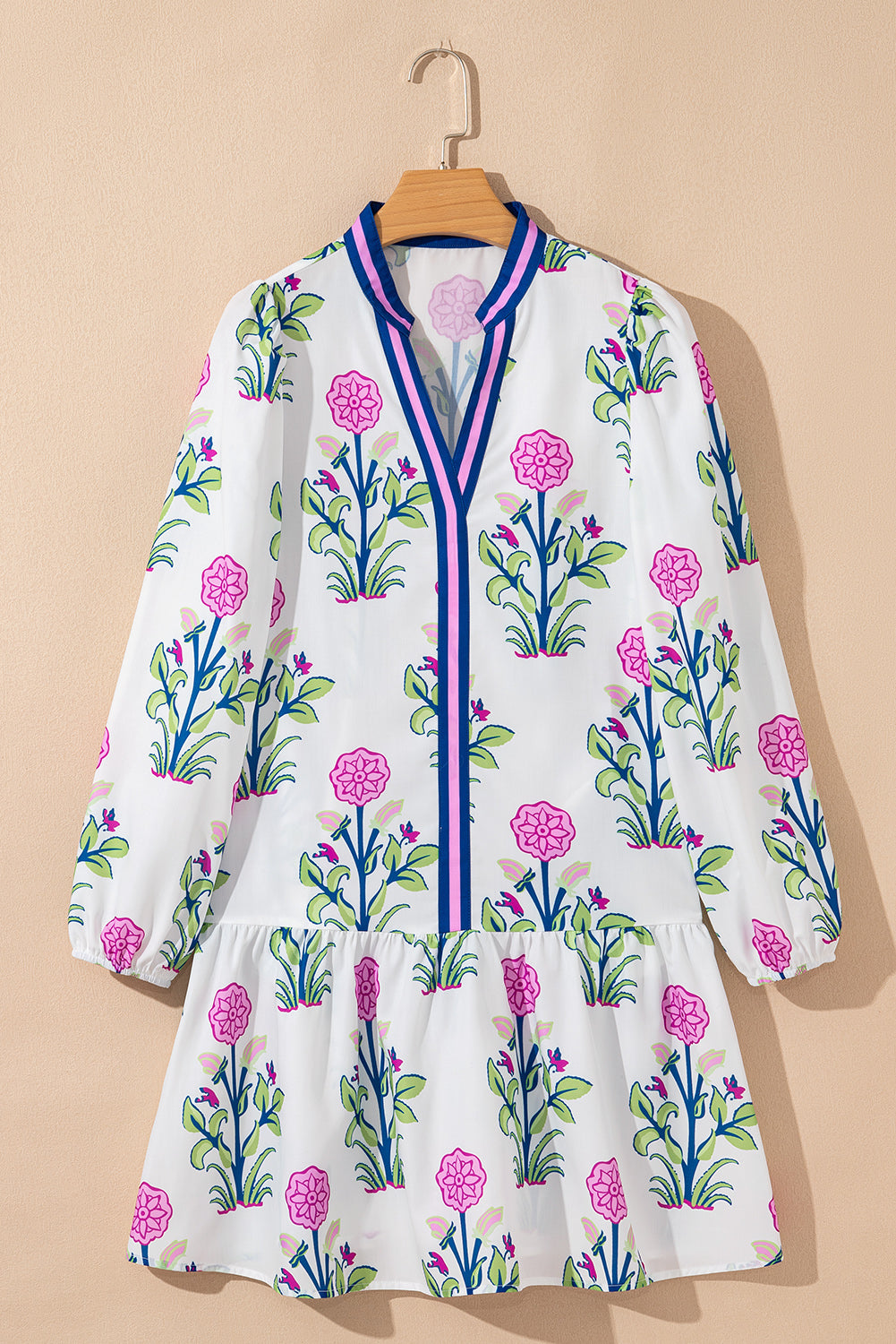 Sky Blue Floral Print Pop of Color V Neck Mini Dress
