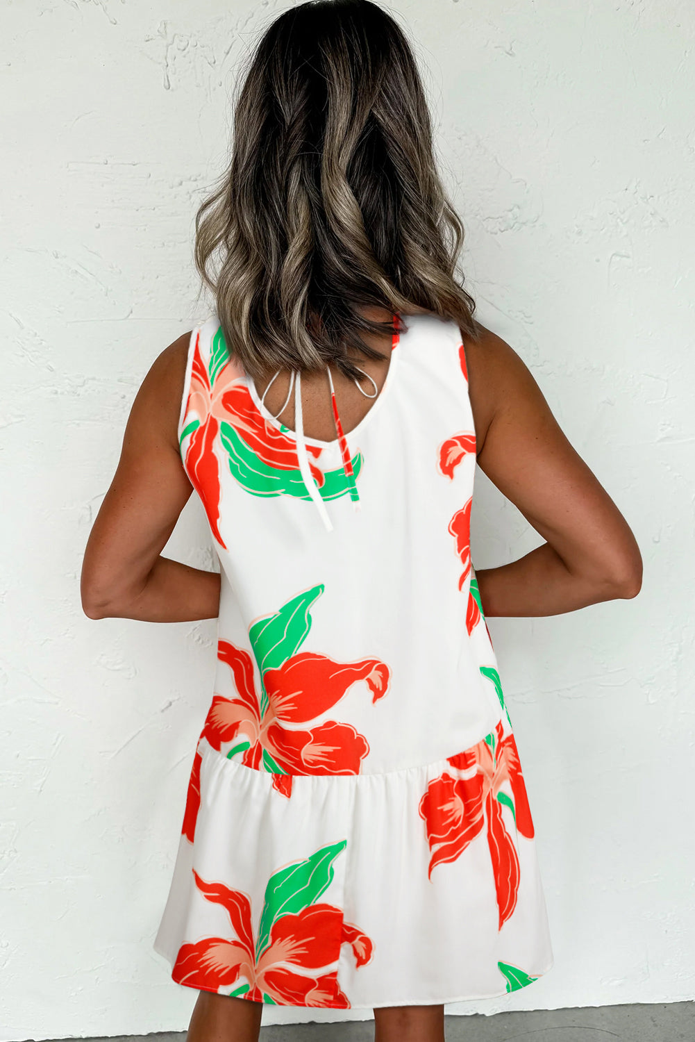 Red Floral Print Tie Front Ruffle Hem Mini Dress